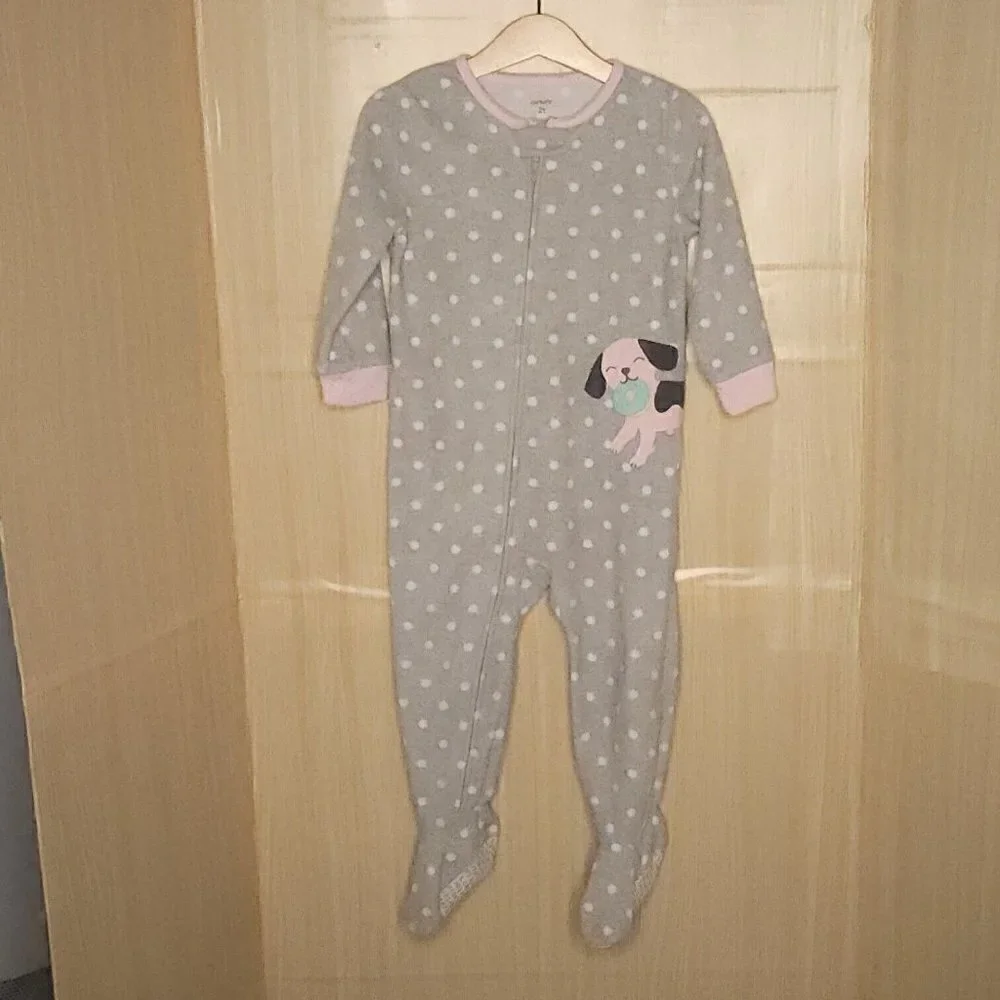 Carter's Toddler Girls Grey Polka-dot Puppy Fleece Footie Pajamas 2T